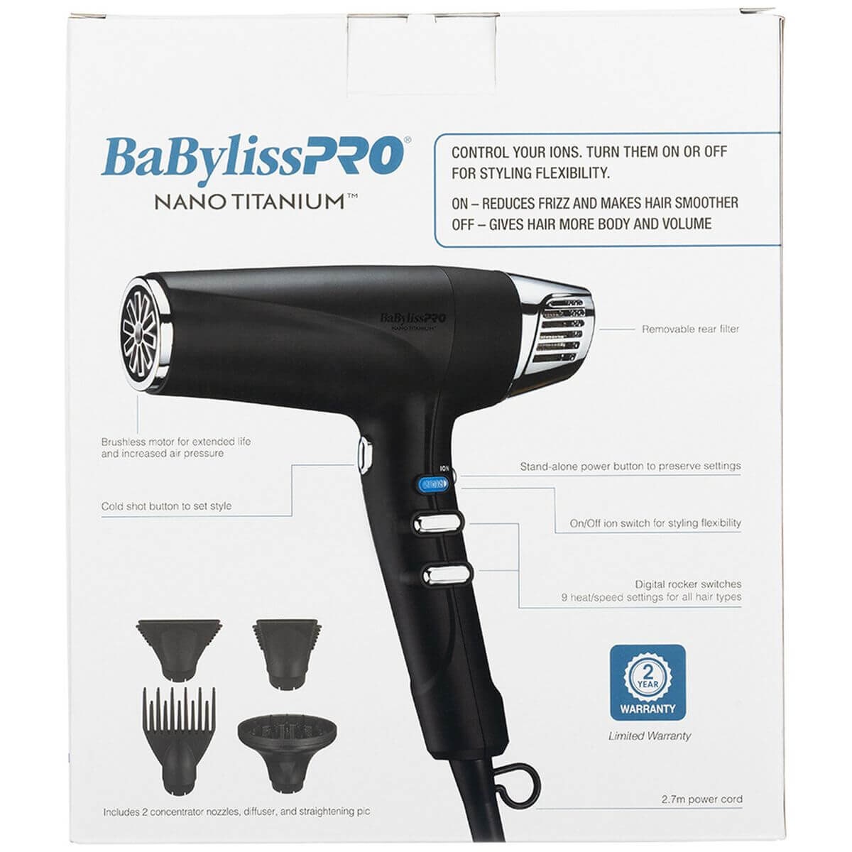 BaBylissPRO Dual Ionic hair dryer - 1875W brushless motor, nano titanium, matte black - 900848