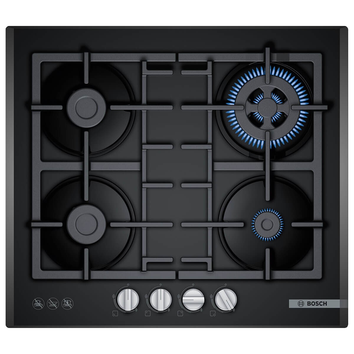 Bosch 60cm Series 4 Black Tempered Glass Gas Cooktop - Four Burners, Wok Burner, Sword Knobs - PNH6B6B91A