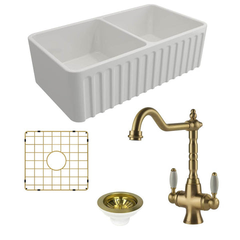 Turner Hastings Novi 85 Double Bowl Butler Sink Pack with Providence Double Mixer Tap - Brushed Brass - PKG016