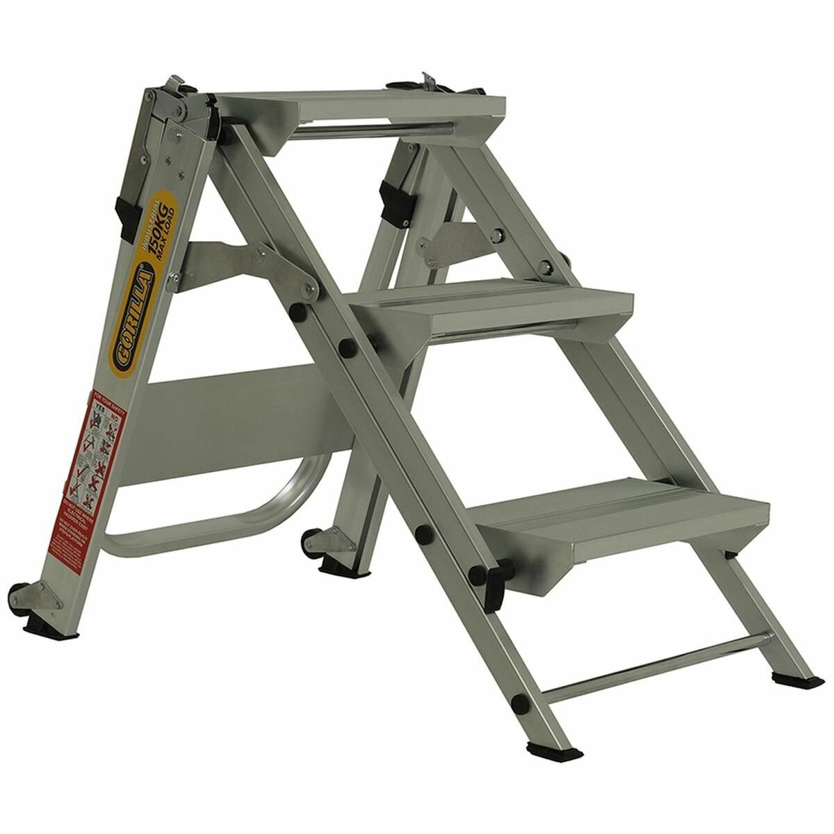 Gorilla Three Step Stair Ladder - High Grade Aluminium, Fitted Wheels, Folds Flat, 150kg Rated - GOR-3STAIR