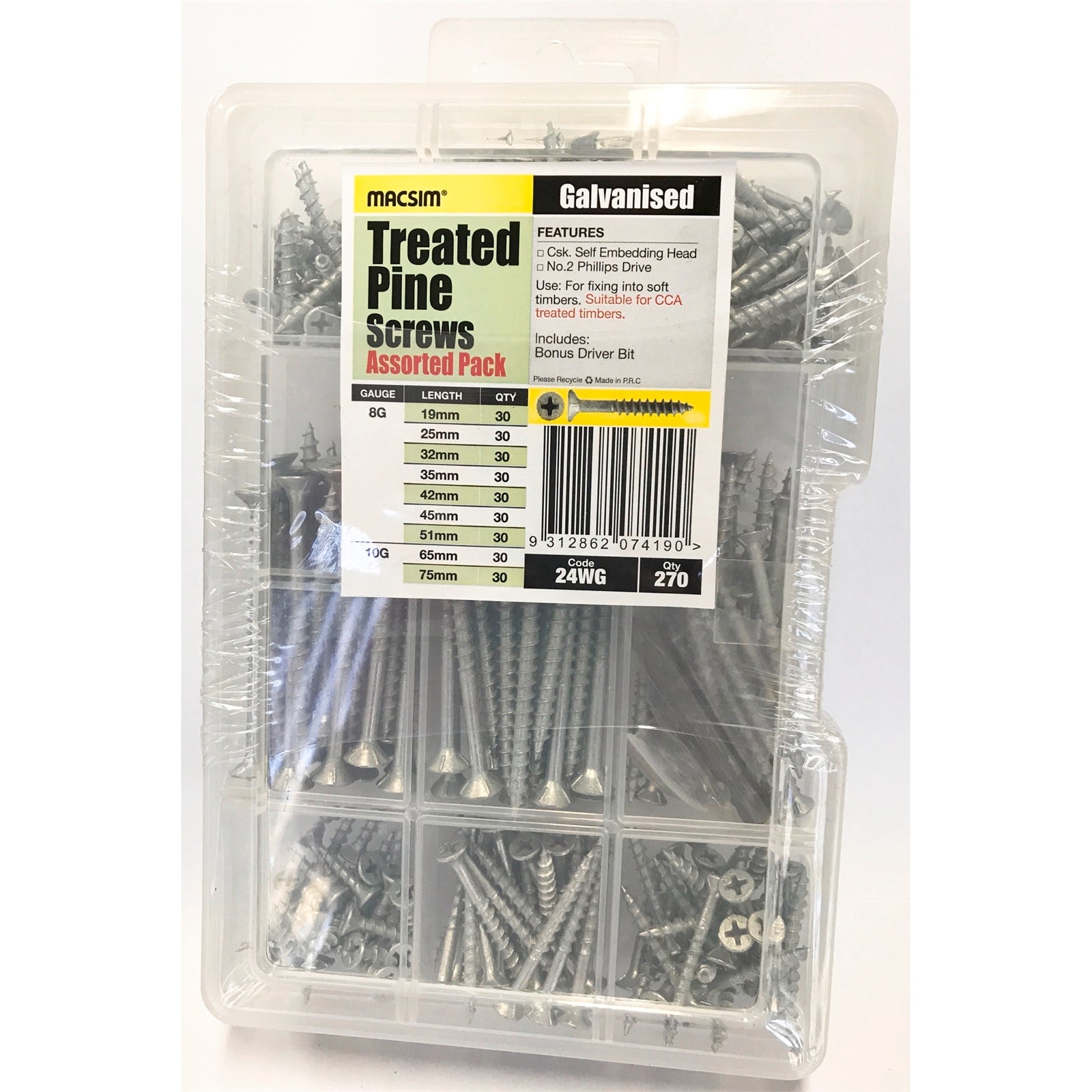 Macsim 270 Piece Assorted Treated Pine Screw Pack, Galvanised Countersunk, Plastic Storage Case
