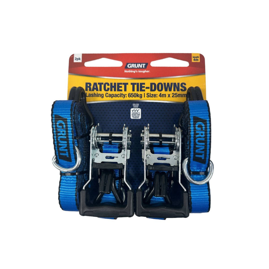 Grunt Ratchet Tie Down Straps 25mm x 4m Polyester 650kg Capacity - SuperSaverAU - view 1