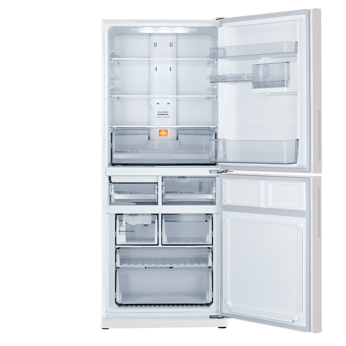 Mitsubishi Electric 421L Bottom Mount Fridge - White Glass, Ice Maker, Select Zone - MR-HGS421EX-GWH-A