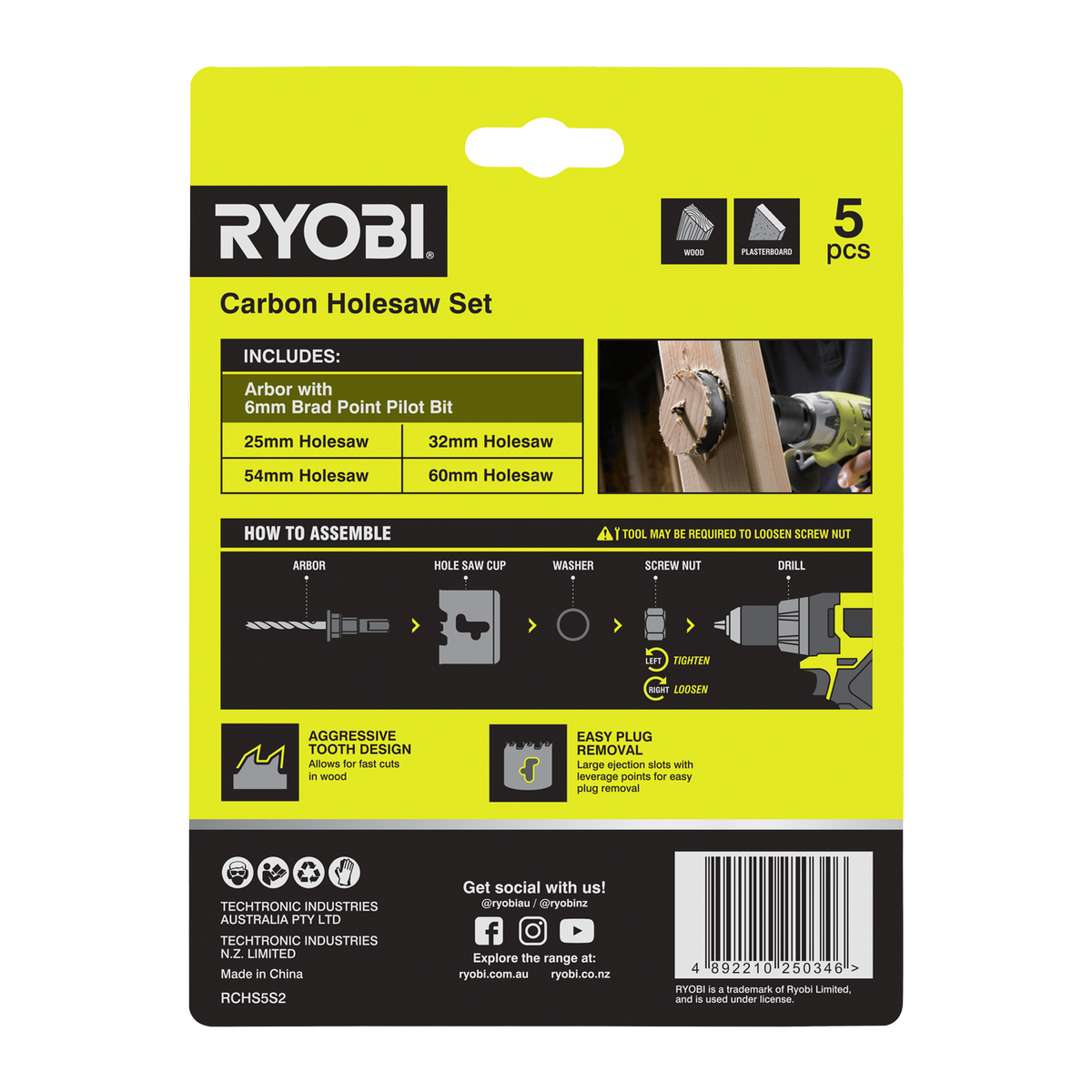 Ryobi 5 Piece Carbon Holesaw Set - 25mm to 60mm - Fast Cutting - RCHS5S2 - SuperSaverAU - view 2