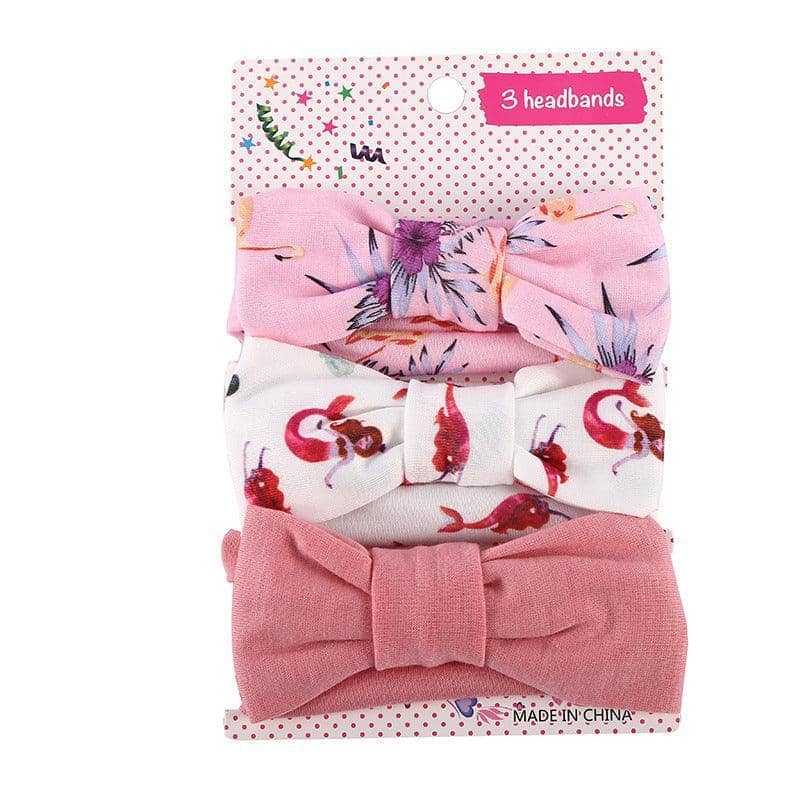 Baby Girl Headband Wrap Set of 3 with Top Knot Bow - Pink Floral, Flamingo Print and Rose
