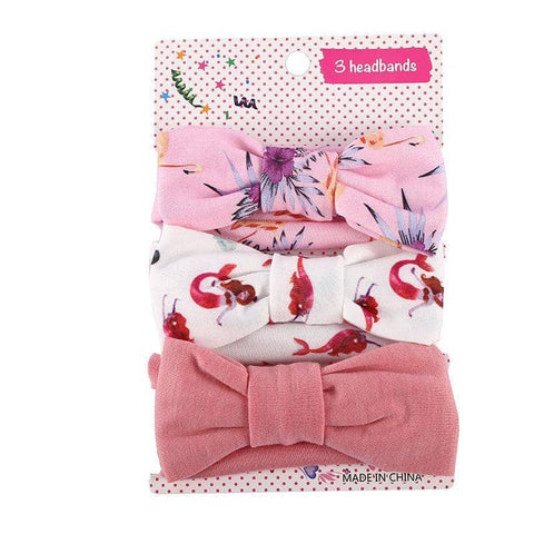 Baby Girl Headband Wrap Set of 3 with Top Knot Bow - Pink Floral, Flamingo Print and Rose