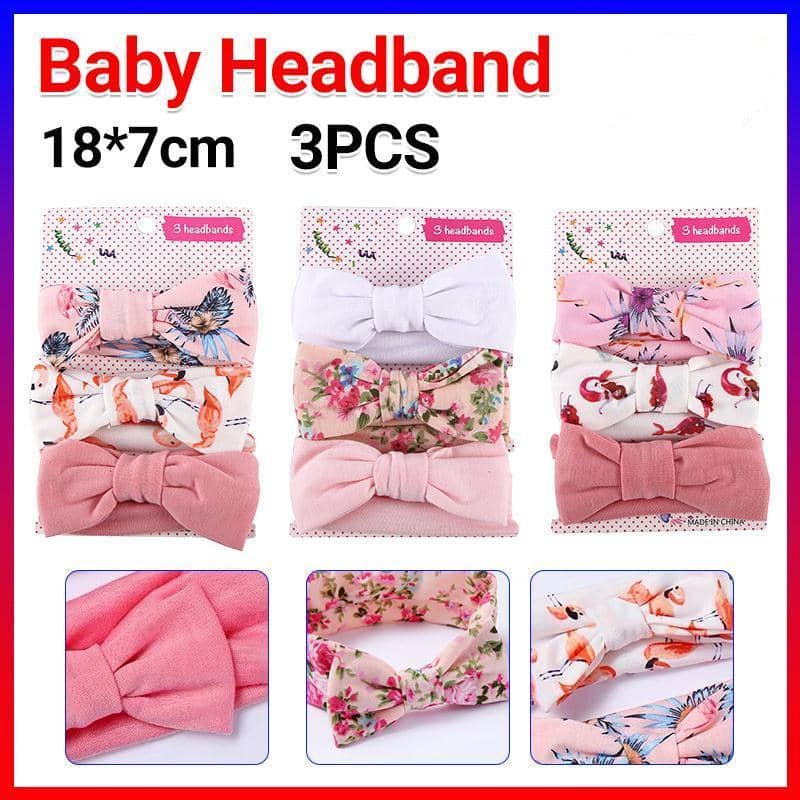 Baby Girl Headband Wrap Set of 3 with Top Knot Bow - Pink Tropical Leaf, Orange Flamingo Print and Rose - view 2
