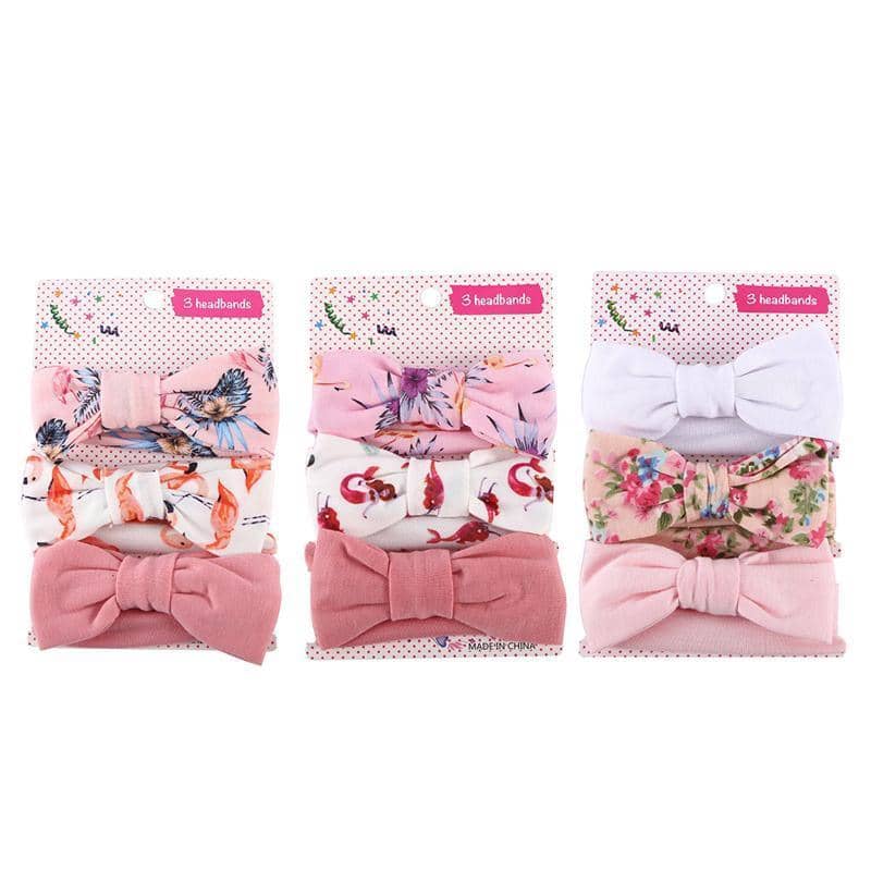 Baby Girl Headband Wrap Set of 3 with Top Knot Bow - Pink Tropical Leaf, Orange Flamingo Print and Rose - view 3