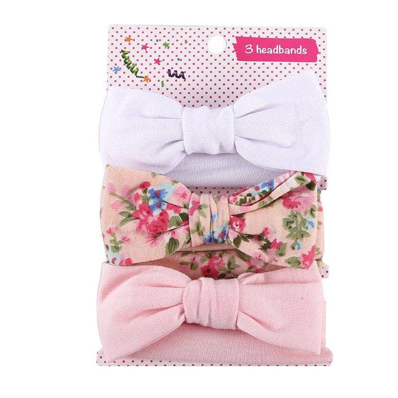 Baby Girl Headband Wrap Set of 3 with Top Knot Bow - White, Peach Floral and Pink