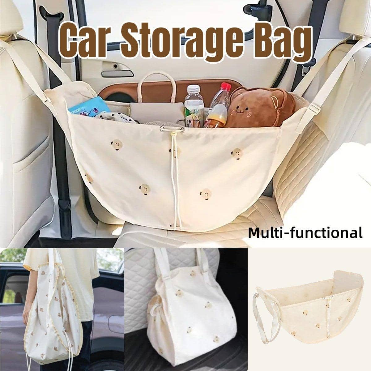 Back Seat Car Storage Organiser Bag with Bear Print - Beige