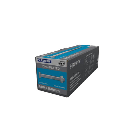 Zenith M10 x 150mm Zinc Plated Hex Head Bolts and Nuts 25 Pack - Reliable Fastening Solutions - SuperSaverAU - view 1