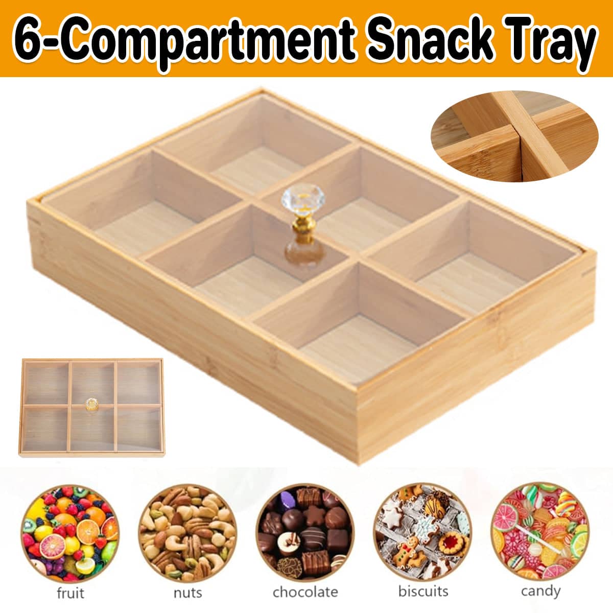 Bamboo 6-Compartment Snack Tray with Clear Lid for Dry Fruit, Nuts and Candy