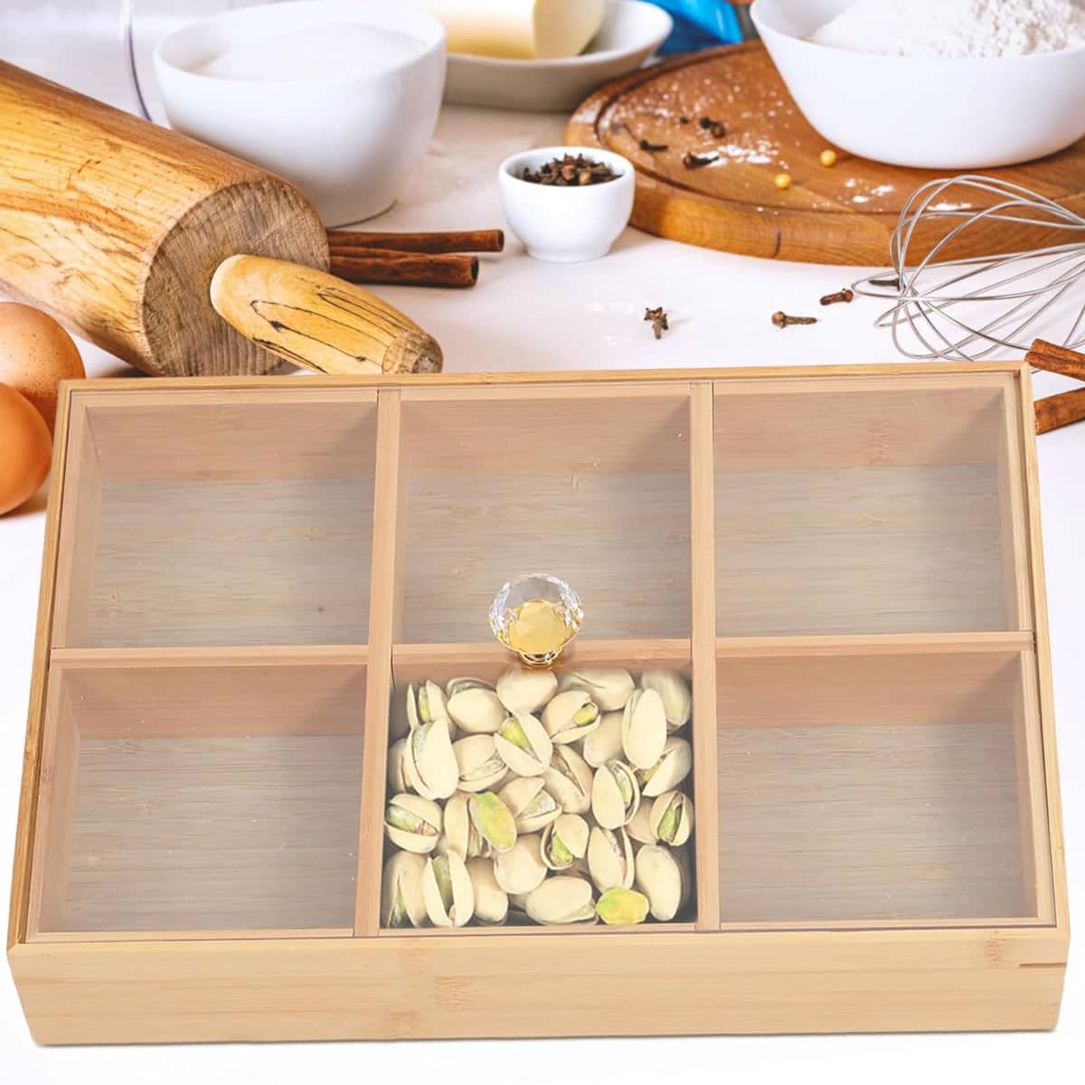 Bamboo 6-Compartment Snack Tray with Clear Lid for Dry Fruit, Nuts and Candy - view 5