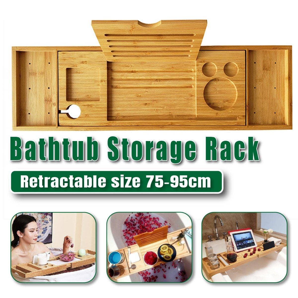 Bamboo Bath Caddy with Wine Glass Holder and Soap Shelf