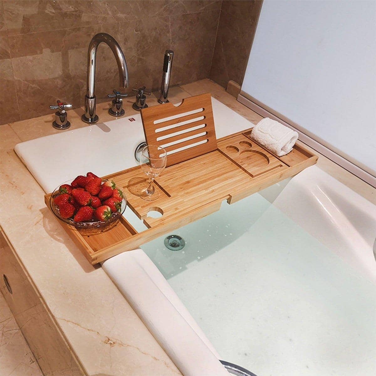 Bamboo Bath Caddy with Wine Glass Holder and Soap Shelf - view 4