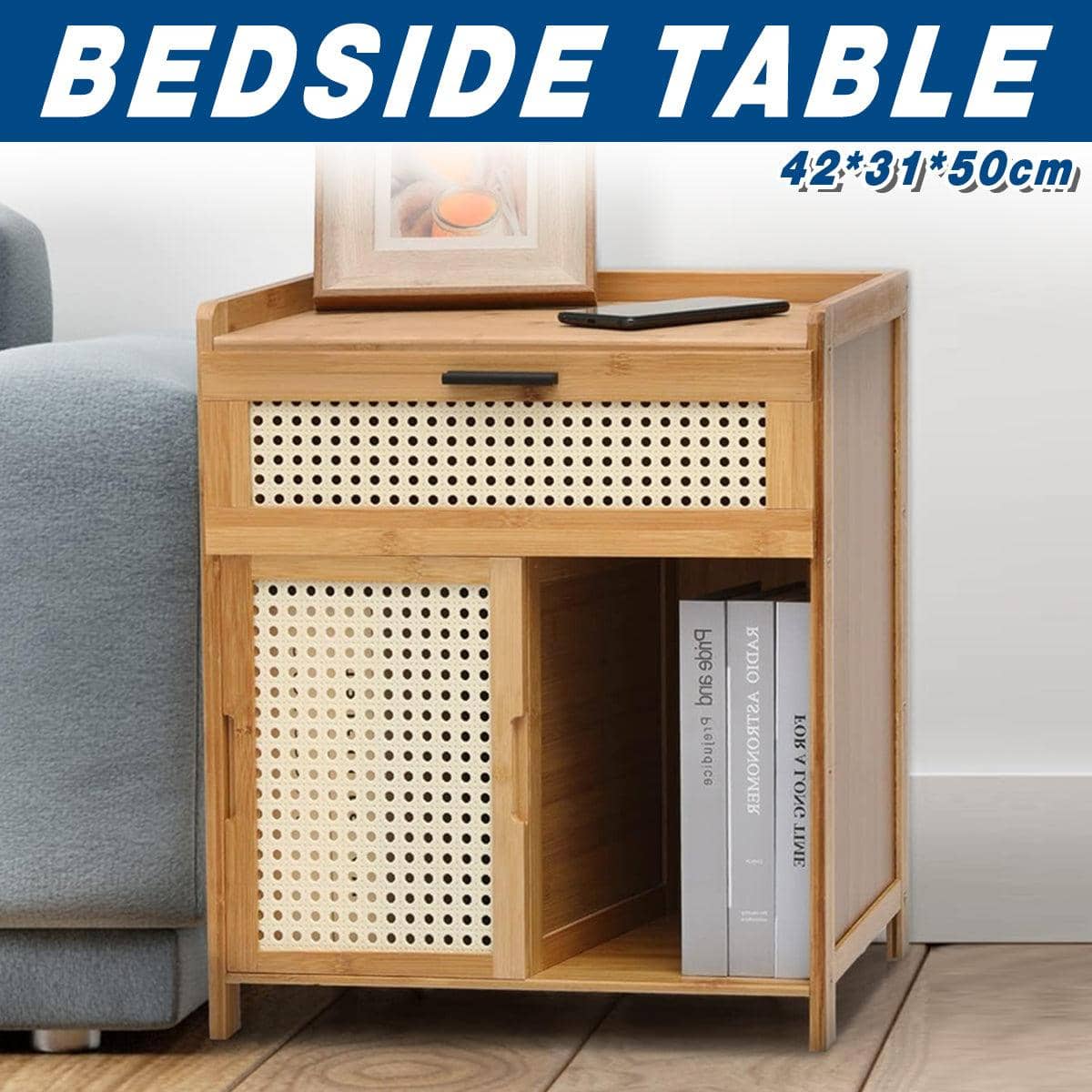 Bamboo Bedside Cabinet with Drawer, 50 x 42 x 31 cm