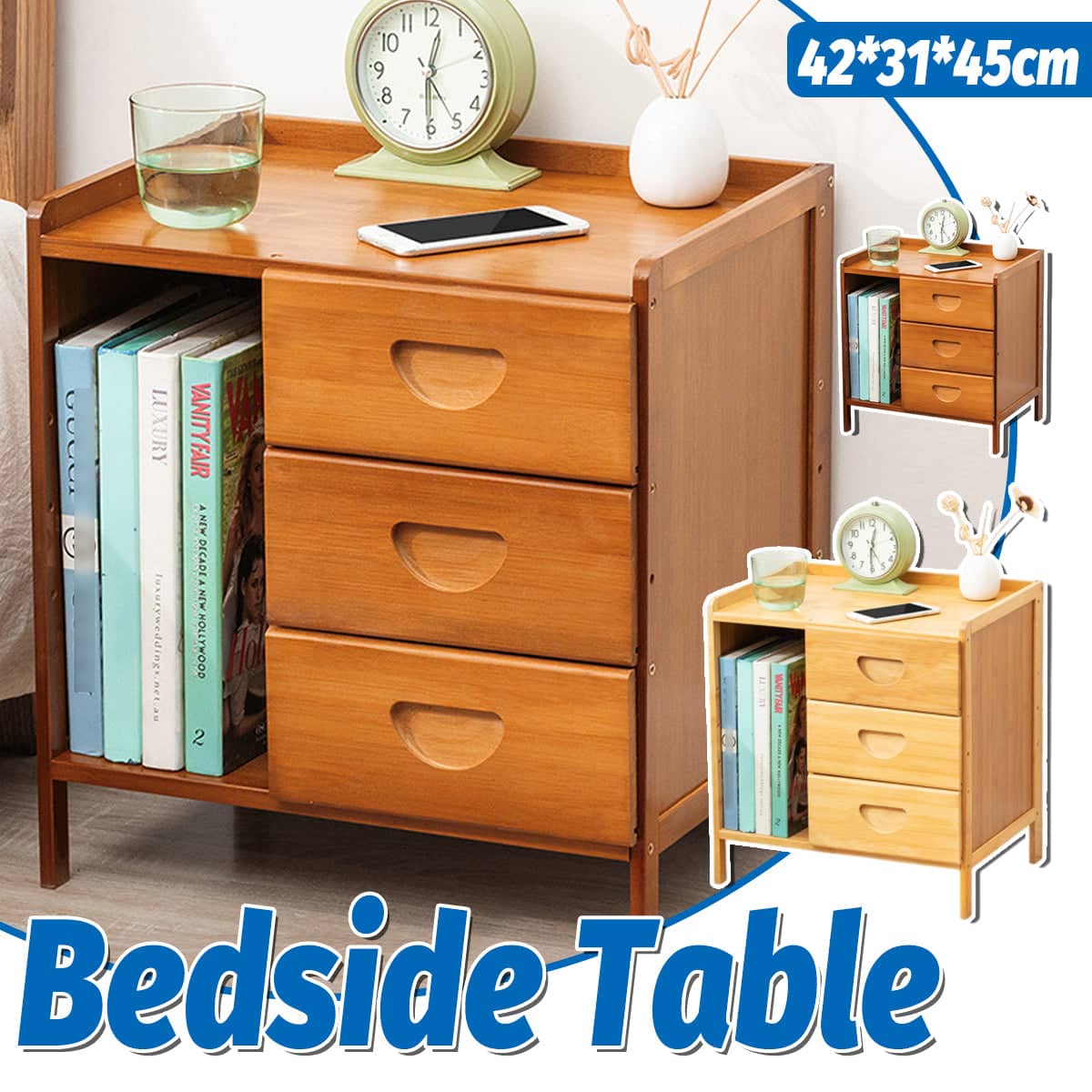 Bamboo Bedside Table with Drawer - Oak, 42 x 31 x 45 cm - view 2