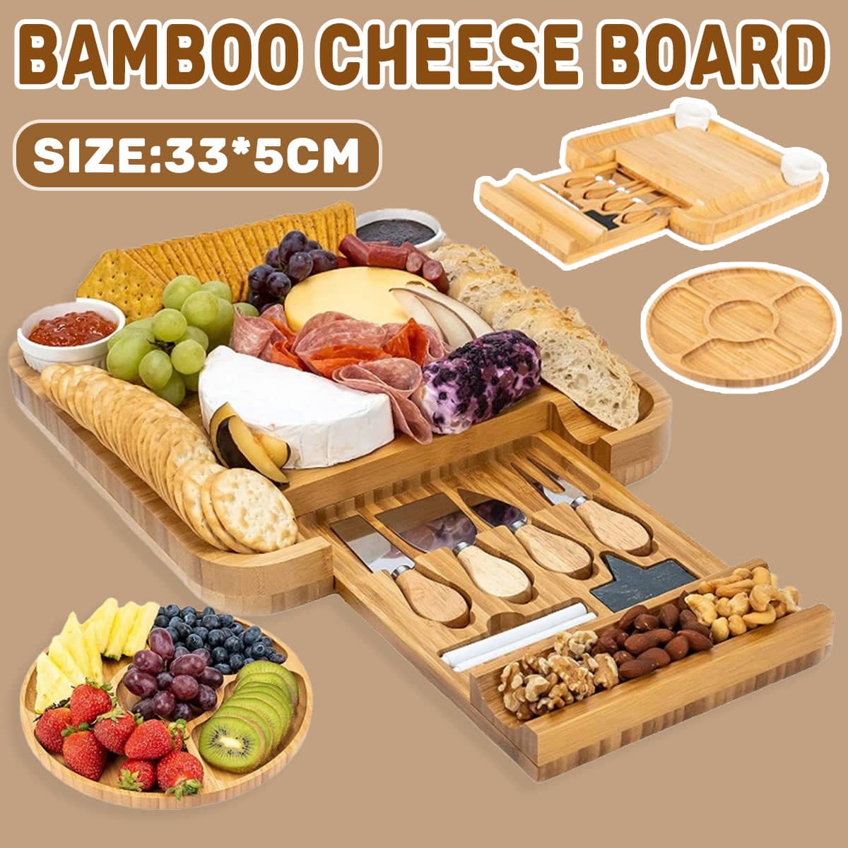 Bamboo Cheese Board Gift Set with Knives, Slate Labels and Bowls