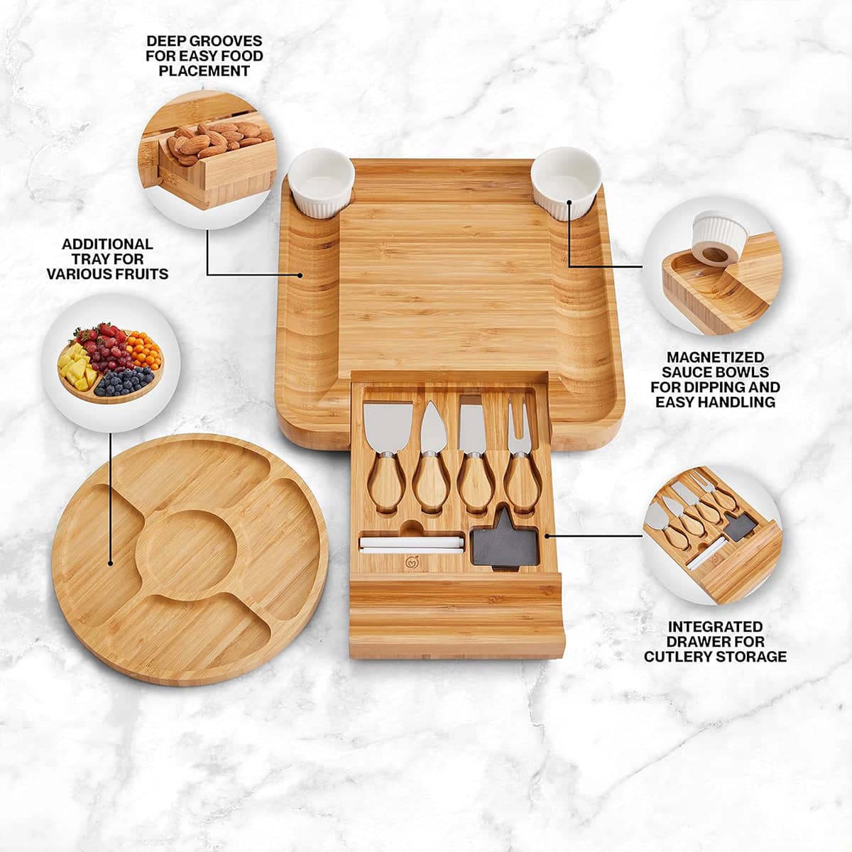Bamboo Cheese Board Gift Set with Knives, Slate Labels and Bowls - view 5