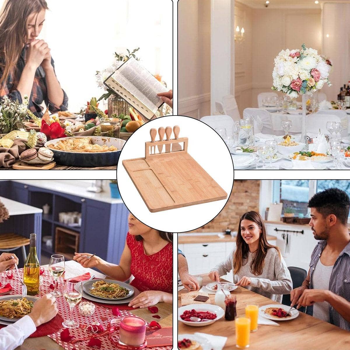 Bamboo Chopping Board and Cheese Board Set with Knives, Charcuterie Serving - view 4