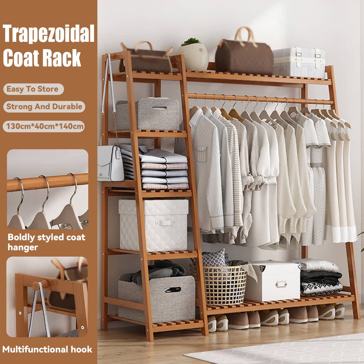 Bamboo Clothes Rack Stand with Hanging Rail, Shelves and Side Hooks