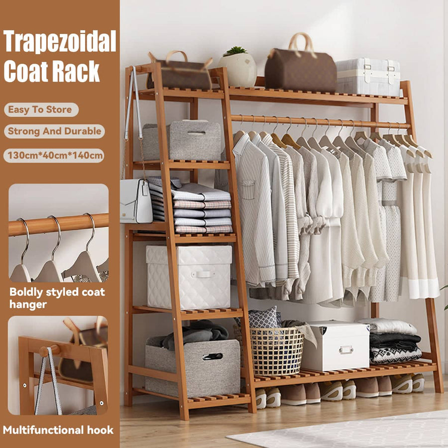 Bamboo Clothes Rack Stand with Hanging Rail, Shelves and Side Hooks