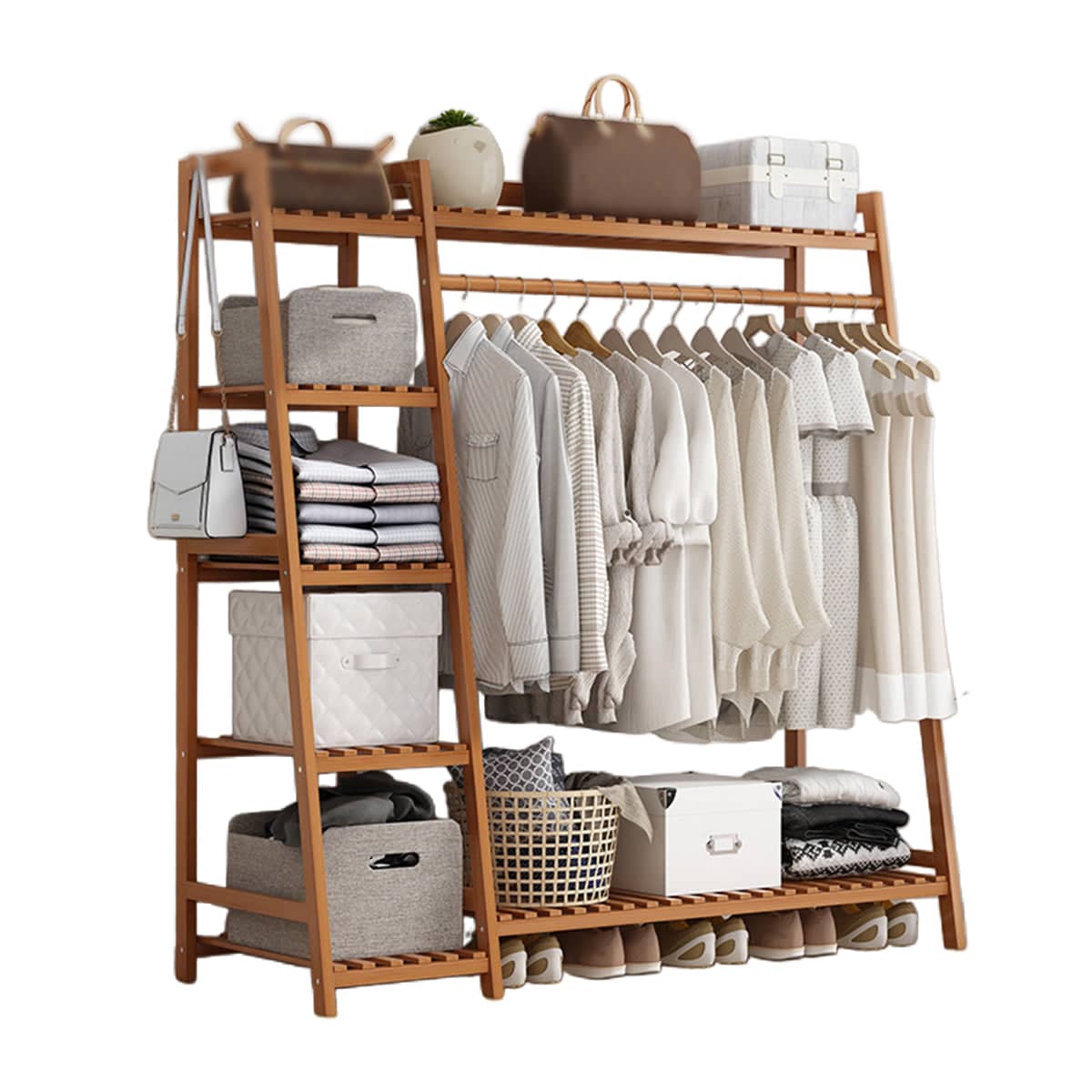 Bamboo Clothes Rack Stand with Hanging Rail, Shelves and Side Hooks - view 2
