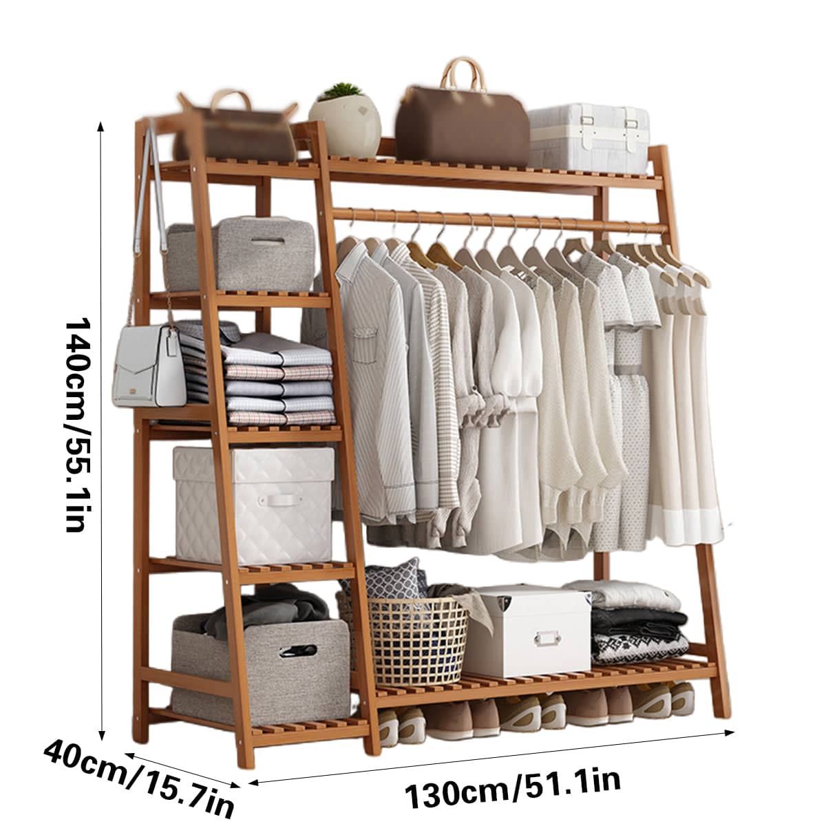 Bamboo Clothes Rack Stand with Hanging Rail, Shelves and Side Hooks - view 3