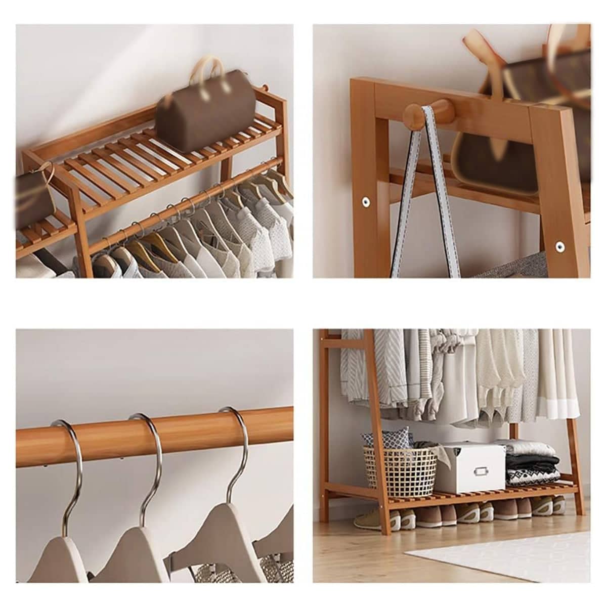 Bamboo Clothes Rack Stand with Hanging Rail, Shelves and Side Hooks - view 4