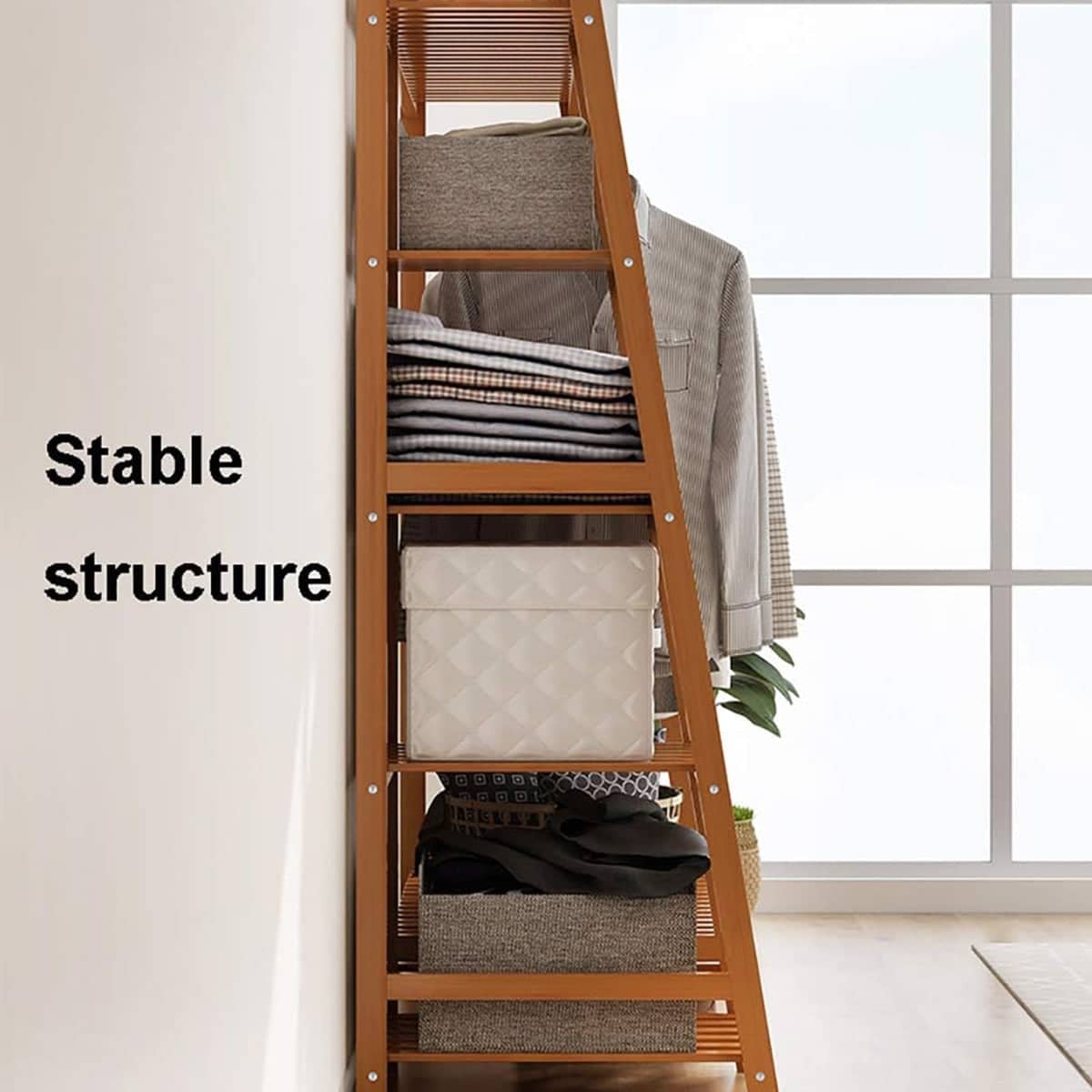 Bamboo Clothes Rack Stand with Hanging Rail, Shelves and Side Hooks - view 5