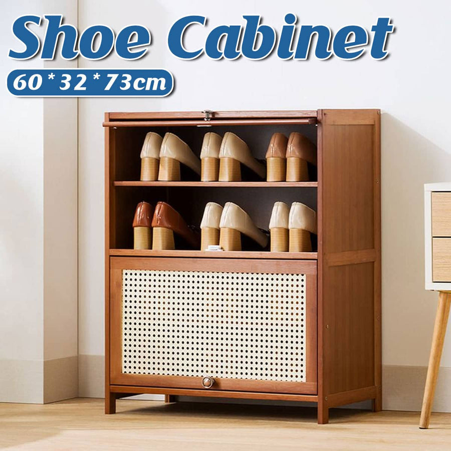 Bamboo Entryway Shoe Cabinet with Doors and Multi Layer Shelves, 60 x 32 x 73 cm