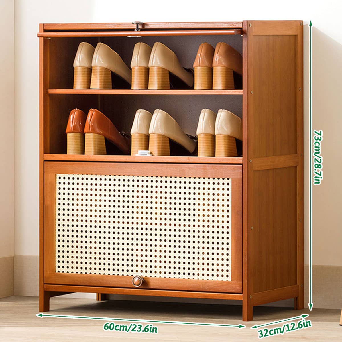 Bamboo Entryway Shoe Cabinet with Doors and Multi Layer Shelves, 60 x 32 x 73 cm - view 3