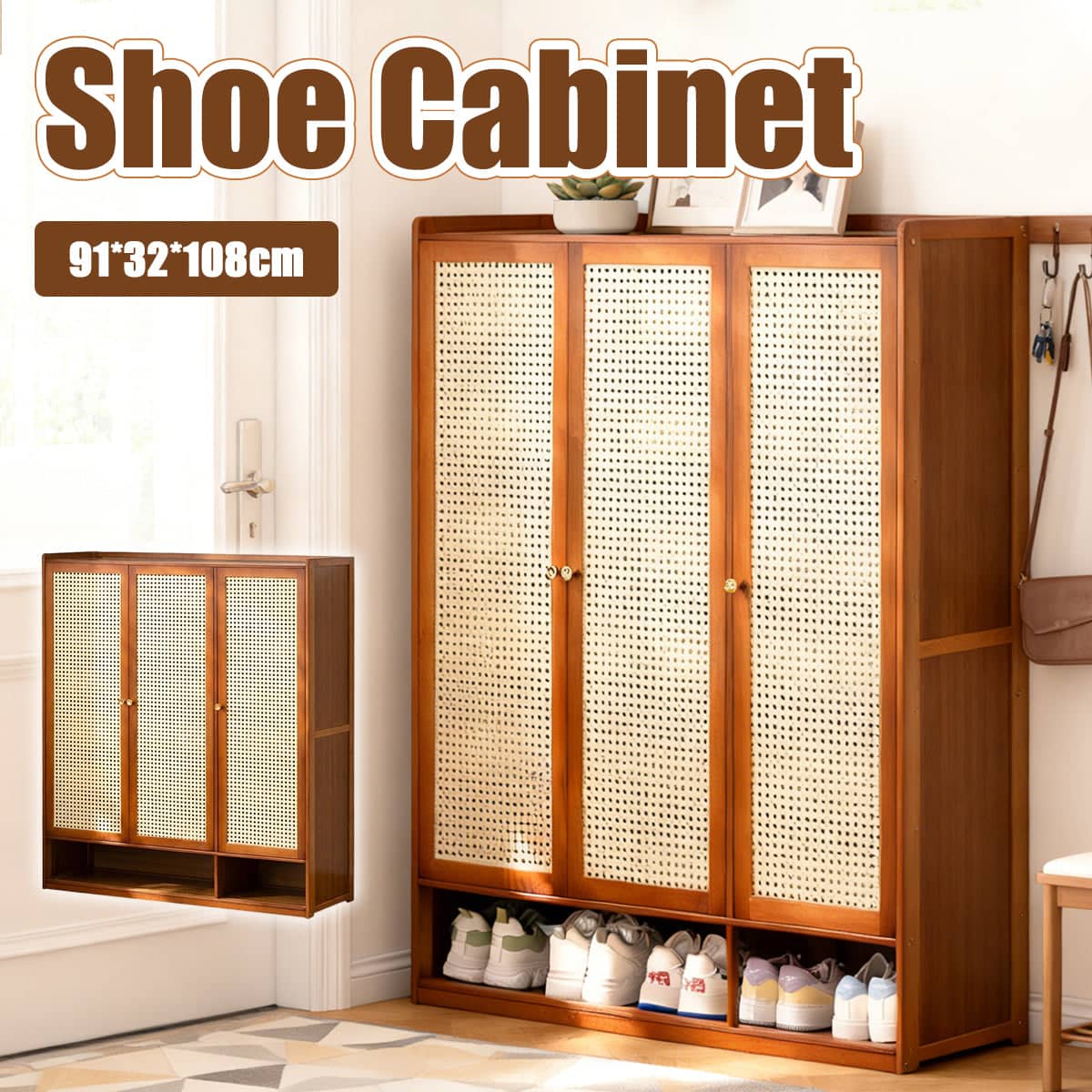 Bamboo Entryway Shoe Cabinet with Rattan Doors, 91 x 32 x 108 cm