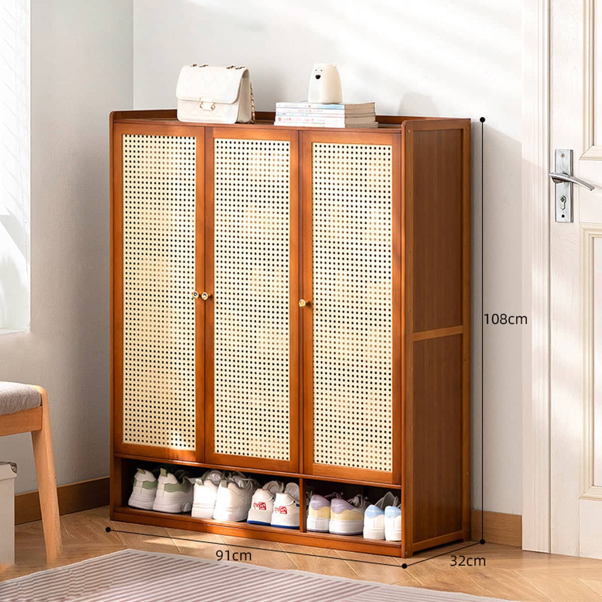 Bamboo Entryway Shoe Cabinet with Rattan Doors, 91 x 32 x 108 cm - view 5