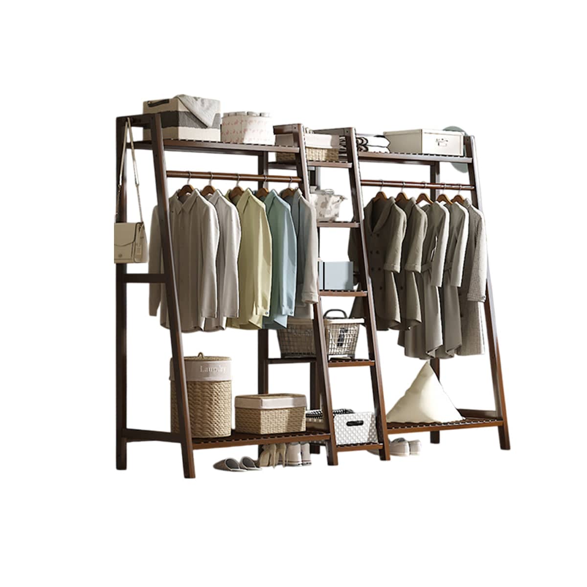 Bamboo Floor-Standing Clothes Rack - Dark Wood, 190cm Wide