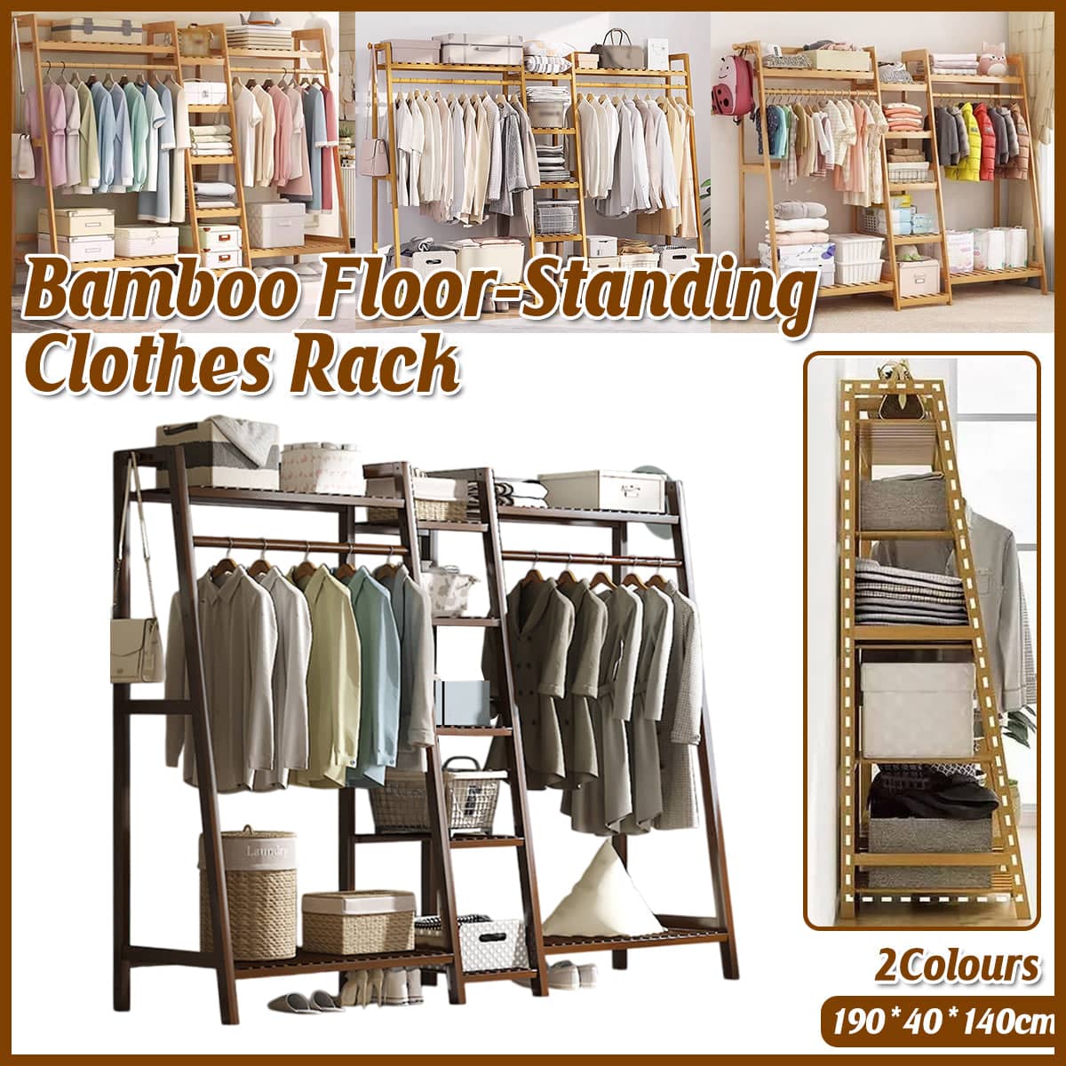 Bamboo Floor-Standing Clothes Rack - Dark Wood, 190cm Wide - view 2