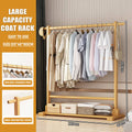 Bamboo Floor Standing Clothes Storage Rack with Hanging Rod and Lower Shelf