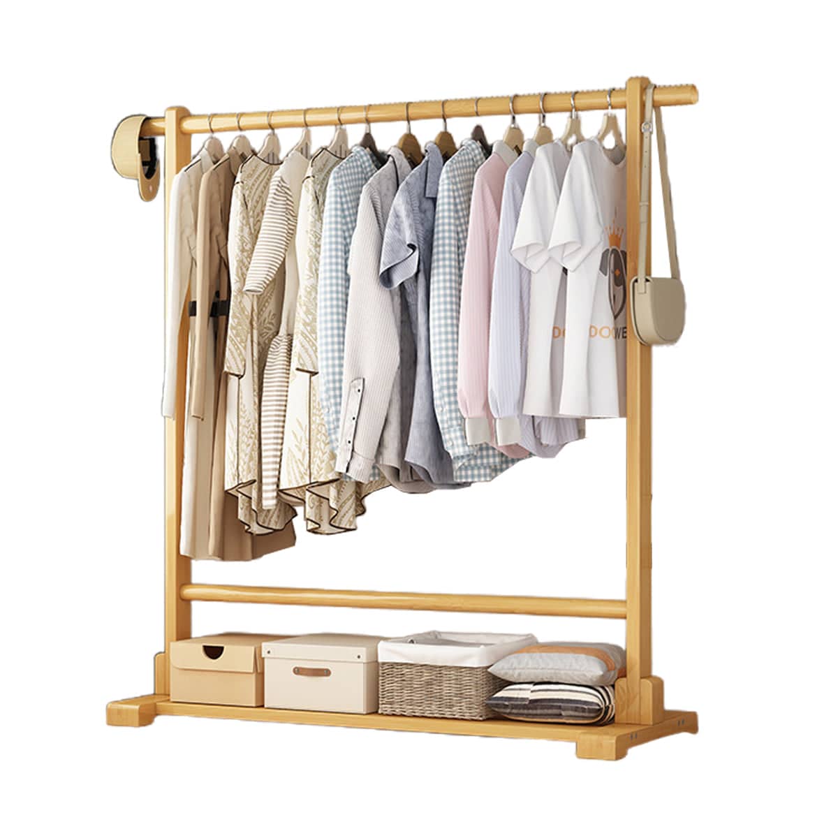 Bamboo Floor Standing Clothes Storage Rack with Hanging Rod and Lower Shelf - view 2