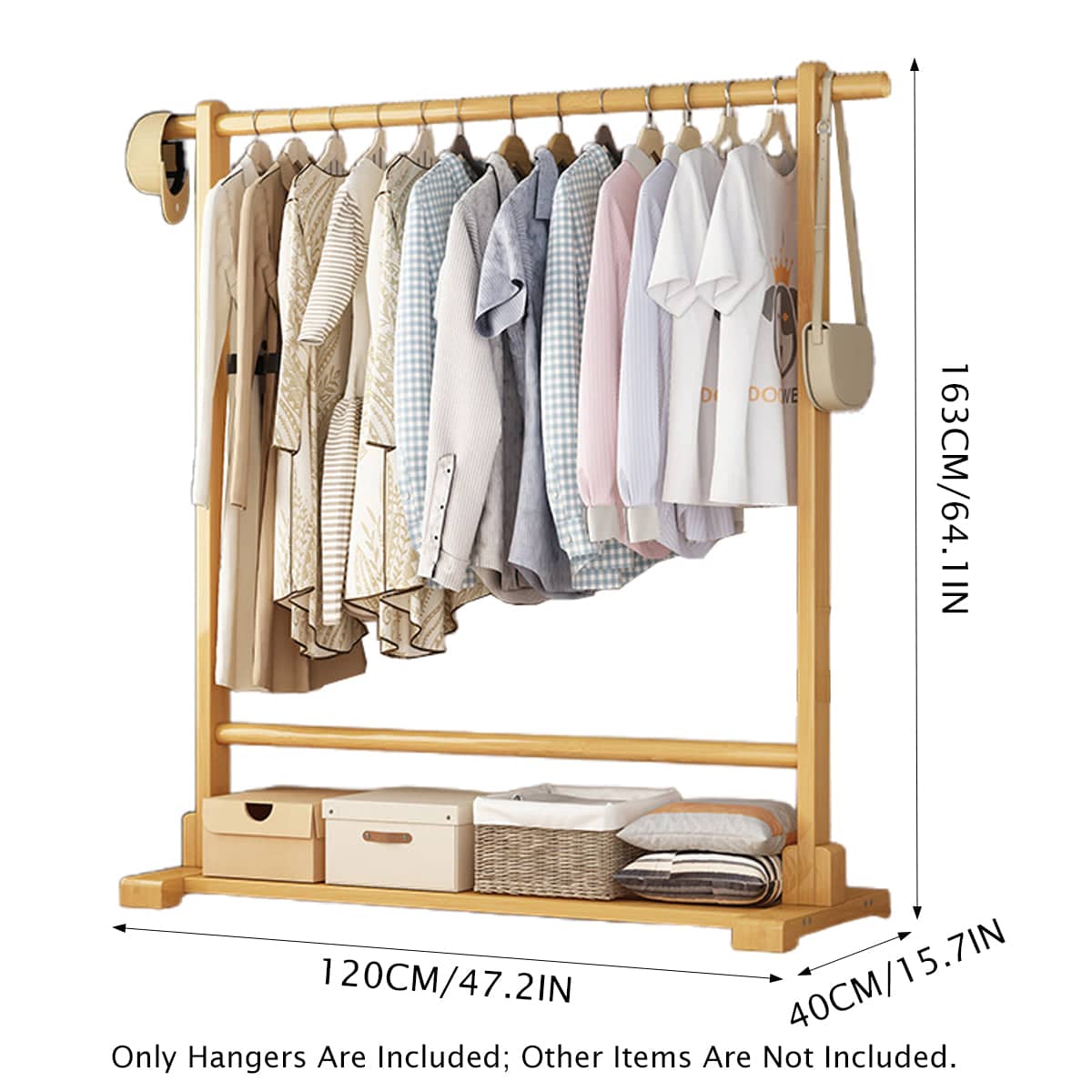 Bamboo Floor Standing Clothes Storage Rack with Hanging Rod and Lower Shelf - view 3