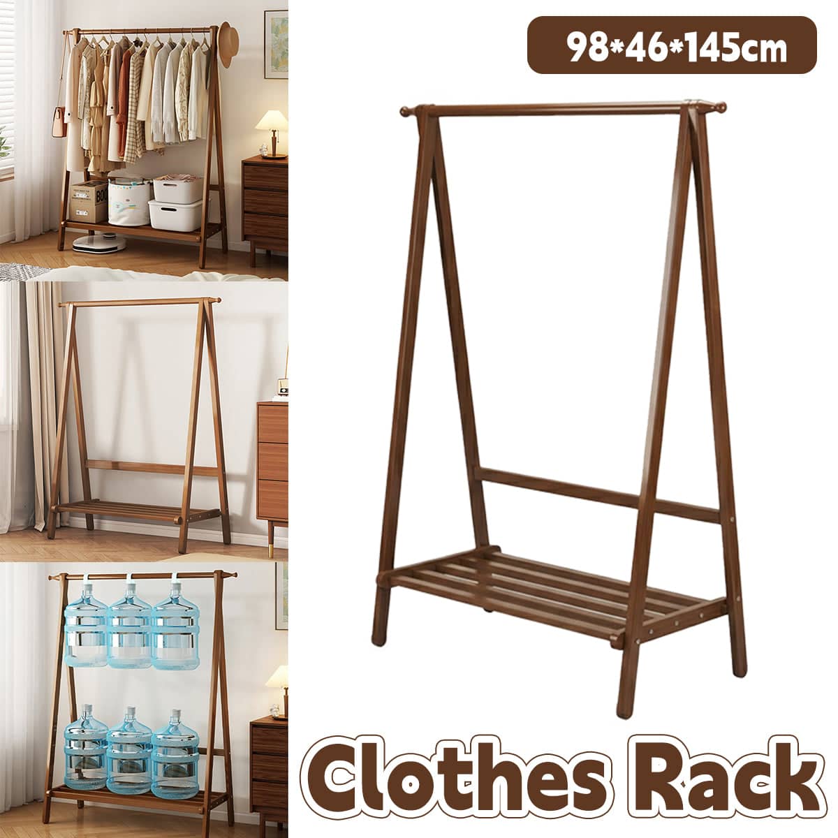 Bamboo Floor Standing Coat Rack with Hanger Rod, Lower Shelf and Side Hooks