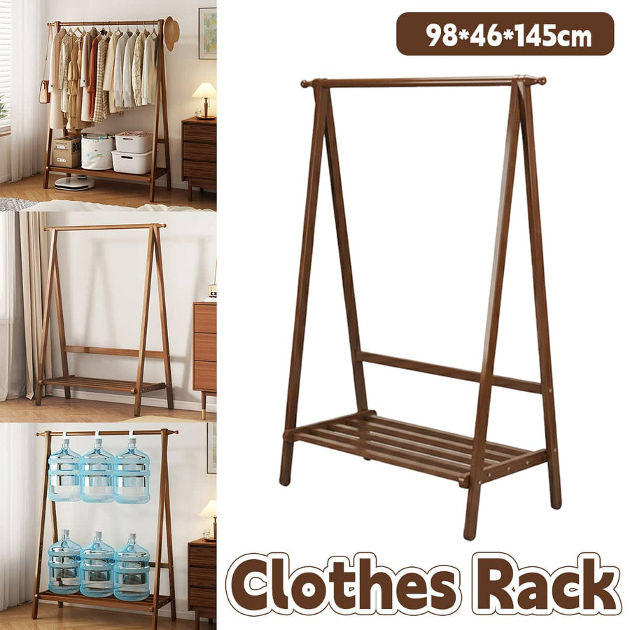 Bamboo Floor Standing Coat Rack with Hanger Rod, Lower Shelf and Side Hooks
