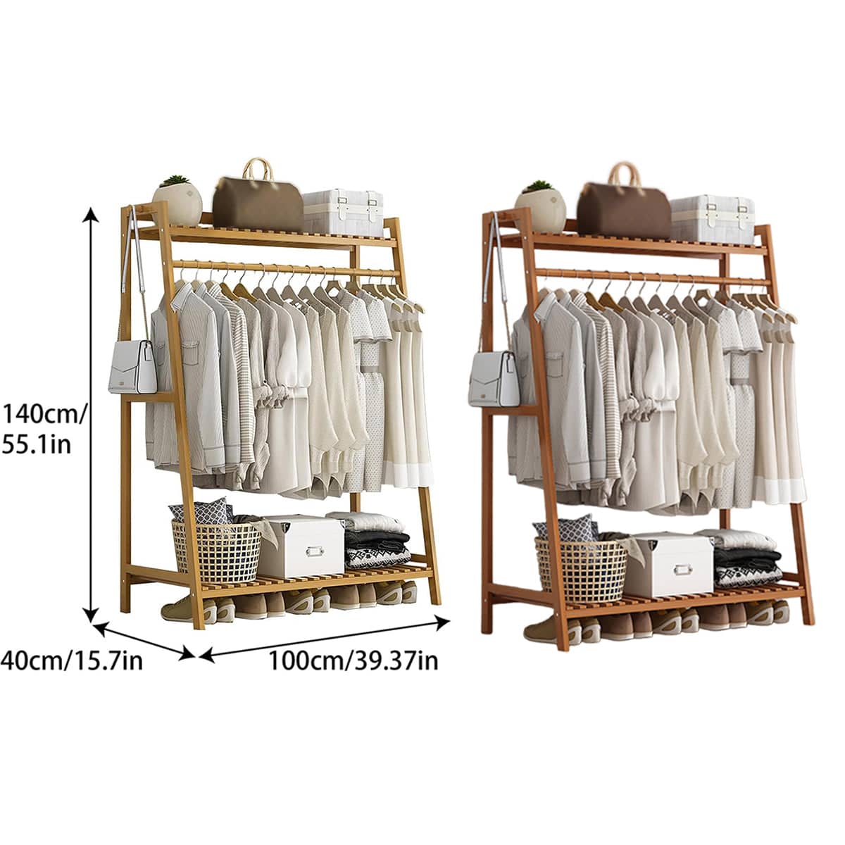 Bamboo Floor Standing Coat Rack with Hanging Rail - Brown - view 4