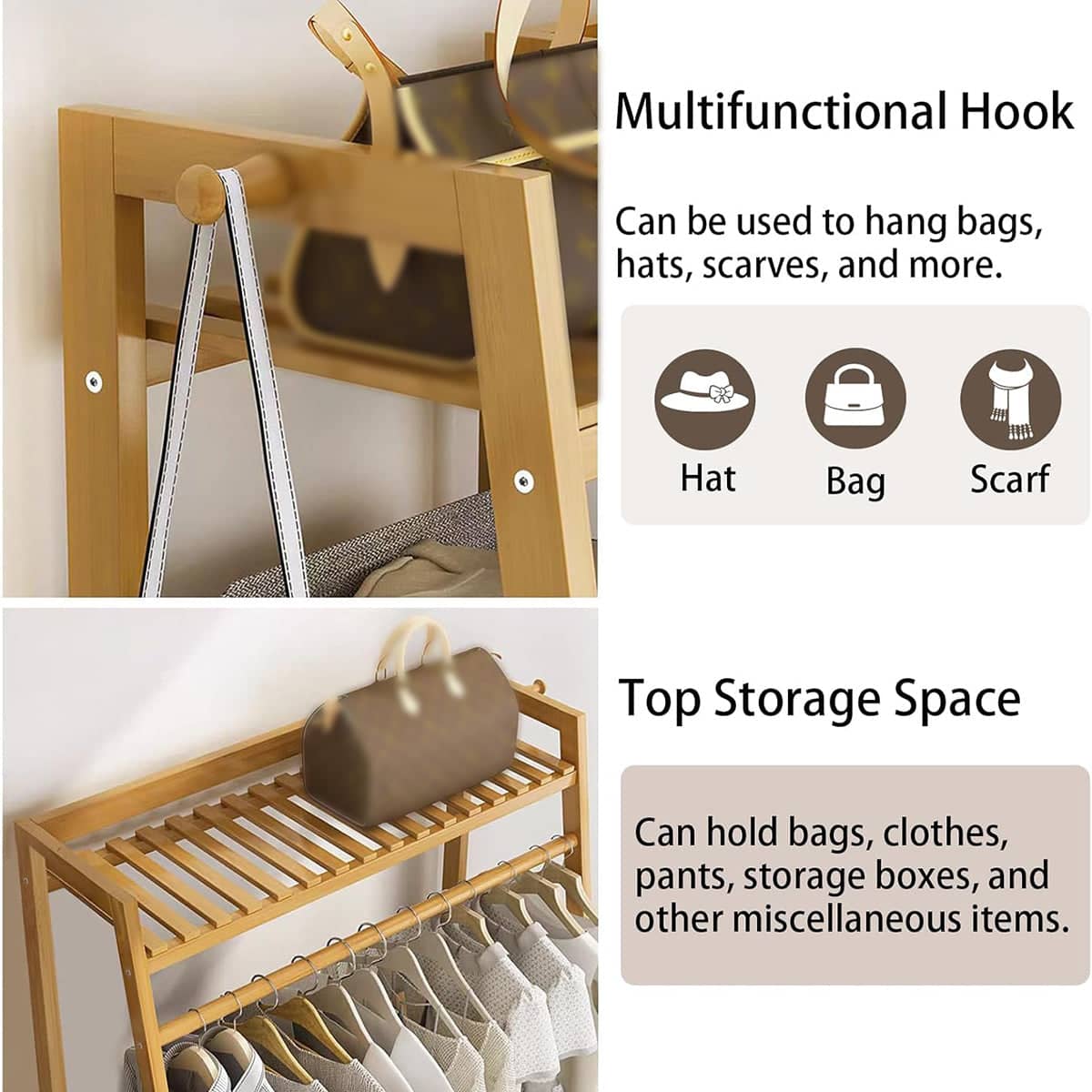 Bamboo Floor Standing Coat Rack with Hanging Rail - Brown - view 5
