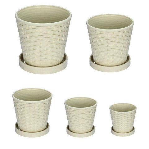 Bamboo Flower Pot Set, 5 Pack - Indoor Round Planters with Trays, Beige