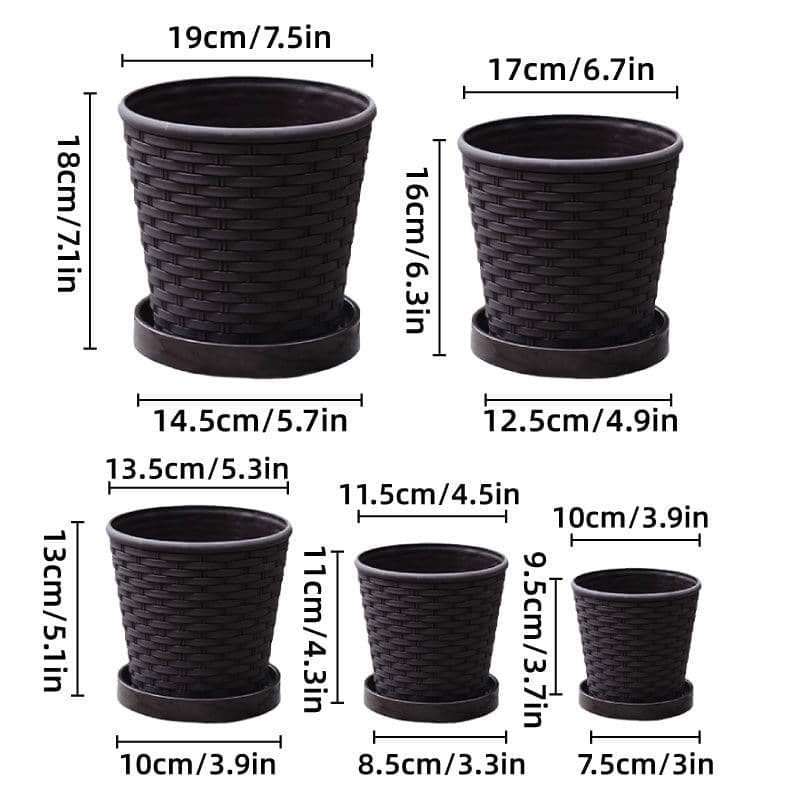 Bamboo Flower Pot Set, 5 Pack - Indoor Round Planters with Trays, Beige - view 4