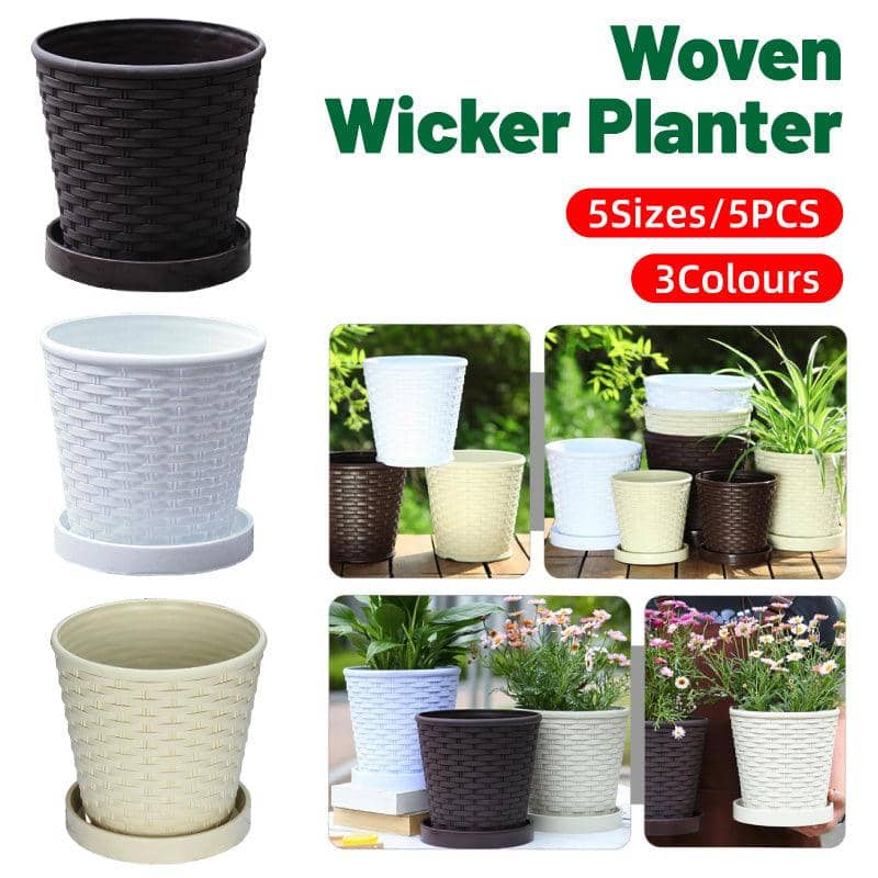Bamboo Flower Pot Set, 5 Pack - Indoor Round Planters with Trays, Brown - view 2