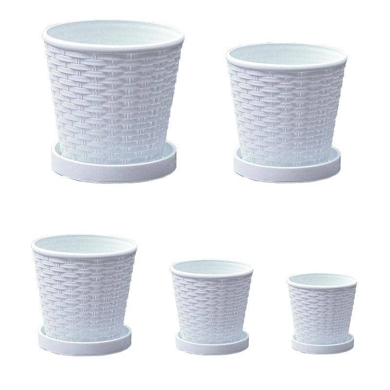 Bamboo Flower Pot Set, 5 Pack - Indoor Round Planters with Trays, White