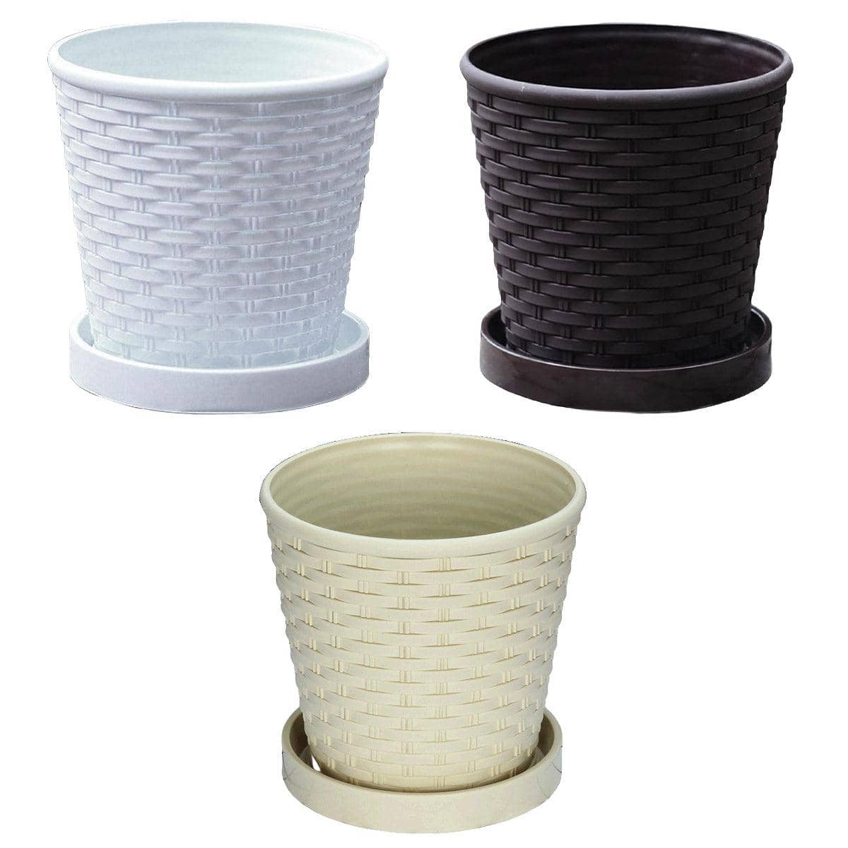 Bamboo Flower Pot Set, 5 Pack - Indoor Round Planters with Trays, White - view 3