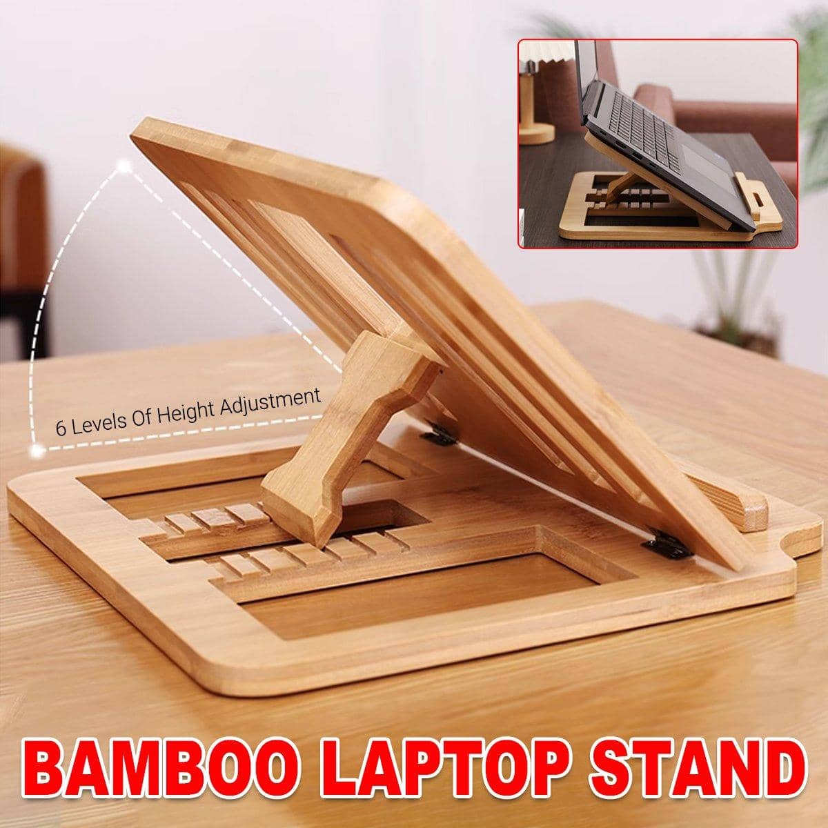 Bamboo Foldable Laptop Stand with Six Adjustable Angles, Portable Desk Riser