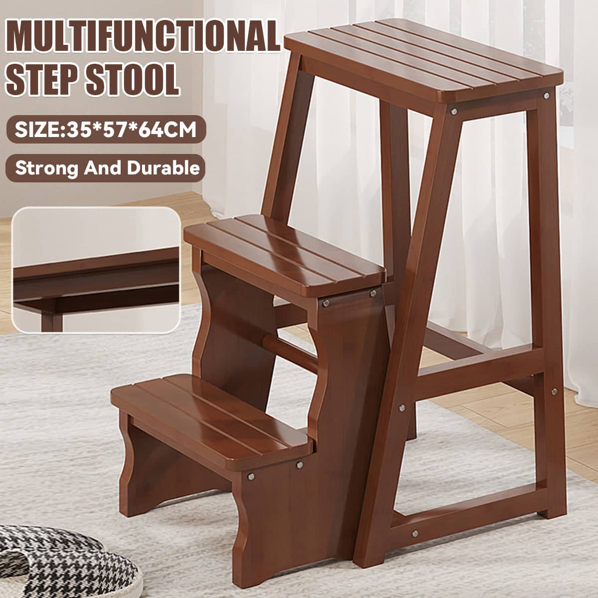 Bamboo Foldable Step Stool, 3 Tier Anti-Slip Footrest, Space Saving